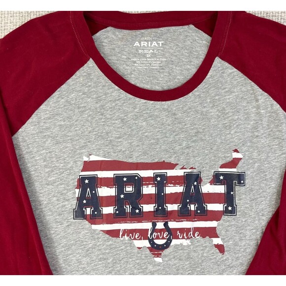 Ariat Real T-Shirt Women's 2X 3/4 Sleeve Red Gray Classic Fit "Live, Love, Ride" - Picture 2 of 8